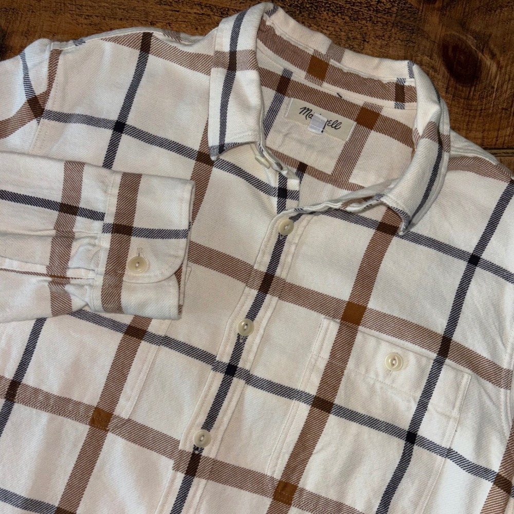 Madewell Mens Cream Brown Flannel Windowpane Plaid Button Down Shirt Medium